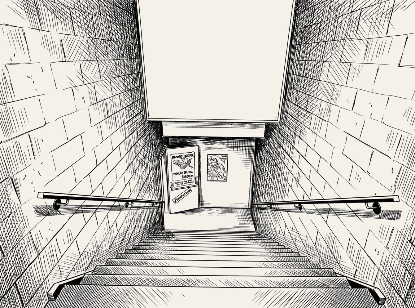 Hand-drawn sketch of the staircase down into End Pocket